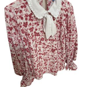 CeCe Floral Red and White Women's Top with a Peter Pan collar.